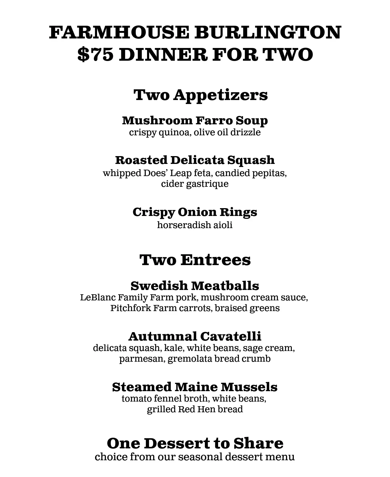 Farmhouse Burlington Dinner for two menu