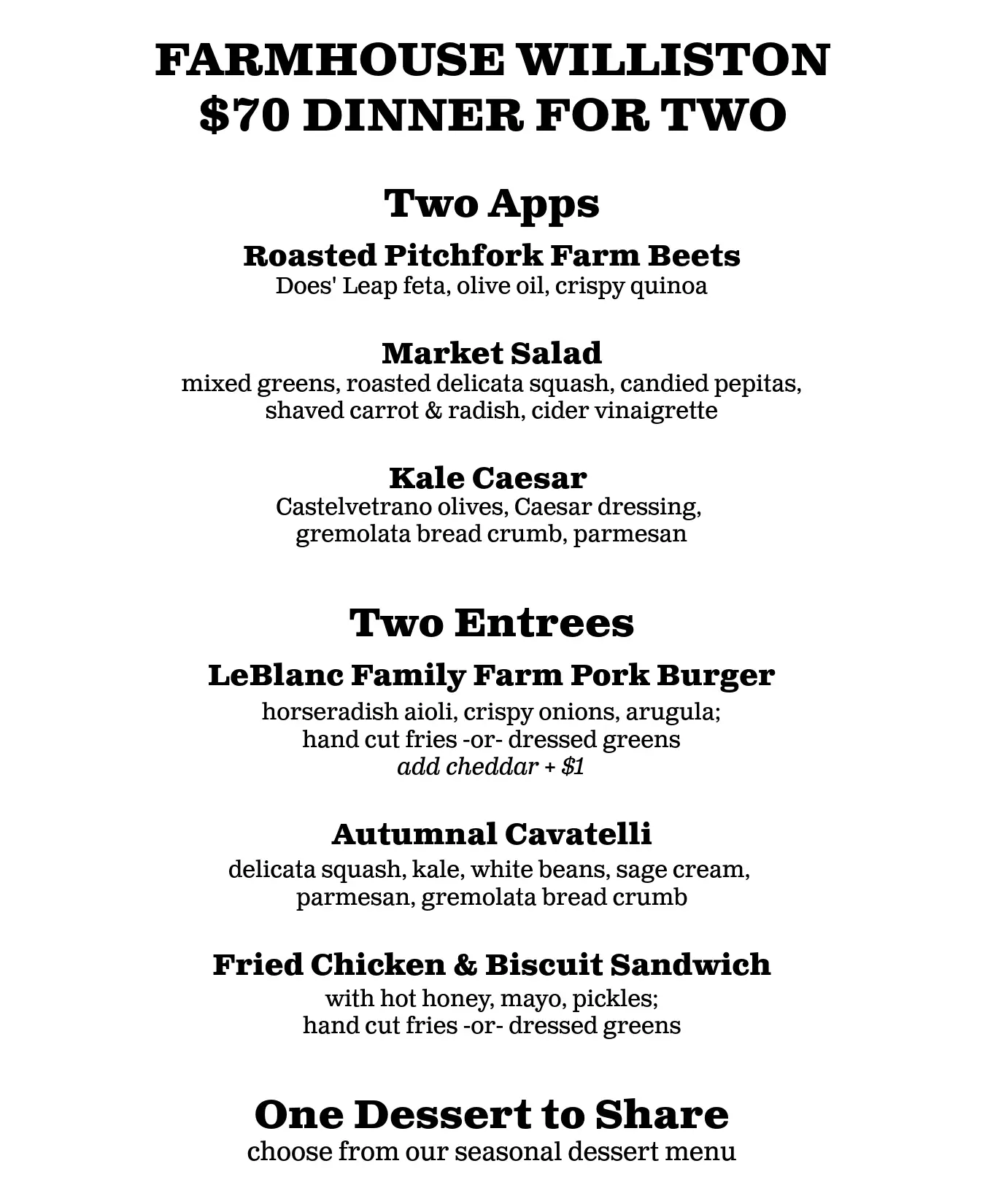 Farmhouse Williston Dinner for two deals 