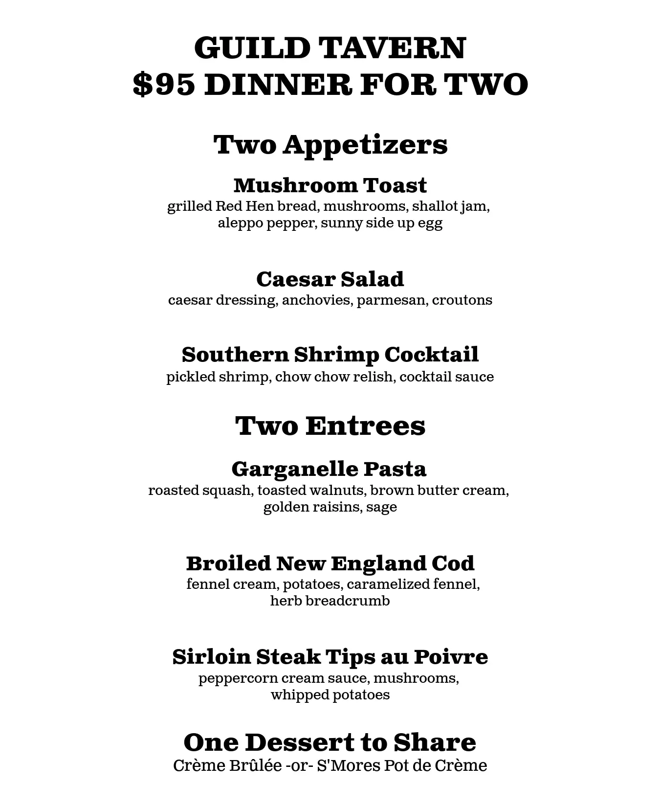 Guild Tavern dinner for two menu